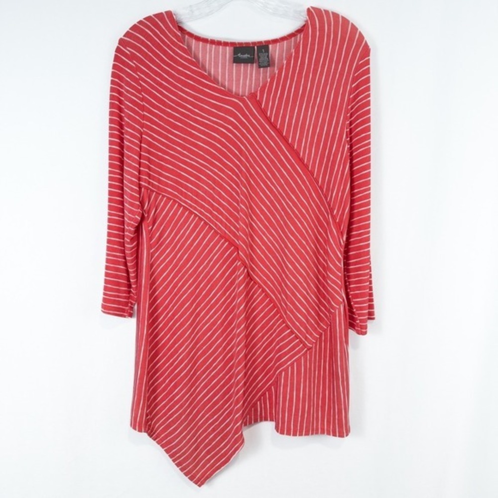Chicos Travelers Striped 3/4 Sleeve Asymmetric Tunic Top 1 (M) Slinky Knit Pink